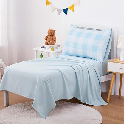 Wake In Cloud - Gingham Toddler Bedding Set for Girls Boys, Cute Plaid Buffalo Check, 4 Pieces Soft Crib Bed Set Including Comforter, Sheets and Pillowcase, Light Blue