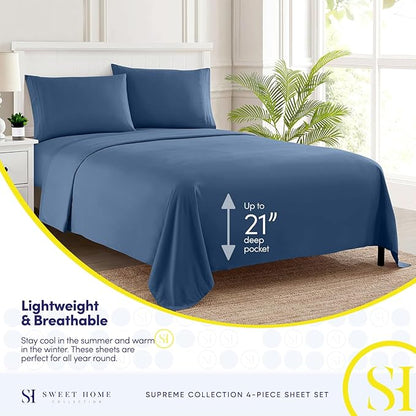 Twin Sheets - Breathable Luxury Sheets with Full Elastic & Secure Corner Straps Built In - 1800 Supreme Collection Extra Soft Deep Pocket Bedding Set, Sheet Set, EXTRA DEEP pocket - Twin, Denim