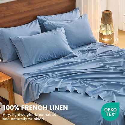 Bedlifes 100% French Linen Sheets California King Size 18-24" Extra Deep Pocket 4-Piece Set Breathable & Moisture-Wicking,Soft & Durable Sheets for Thick Mattresses(Flint Blue)