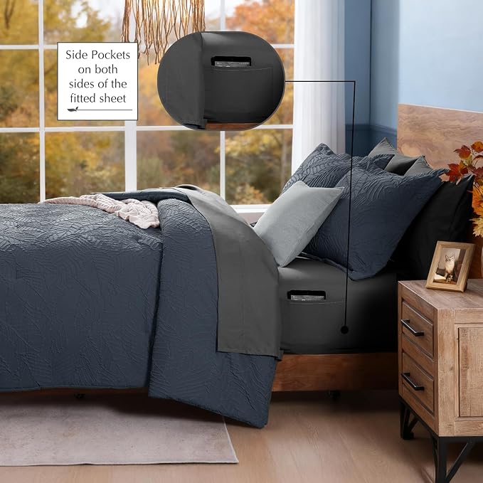 Geniospin Twin Comforter Set - 5 Pieces Blue Gray Textured Bed in Bag, Twin Bedding Sets with Comforter, Sheets, Pillowcases & Shams, All Season Blue Gray Bedding