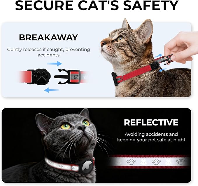 Breakaway AirTag Cat Collar, Reflective Cat Tracker Collar with Bell | Built in AirTag Holder, Adjustable 8.5-12in for Cats, Kittens and Puppies, Safety Elastic Band, Reflective for Night Walking
