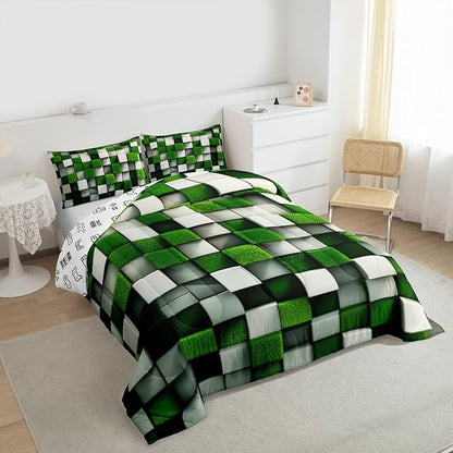 Pixelated Miners Game Kid Comforter Set Queen Size,Video Games Cartoon Gamepad Bedding Set,Boy Room Decor,Modern Geometric Check Quilt Comforter,Green White Duvet Set Bedroom Quilt Set,2 Pillowcases