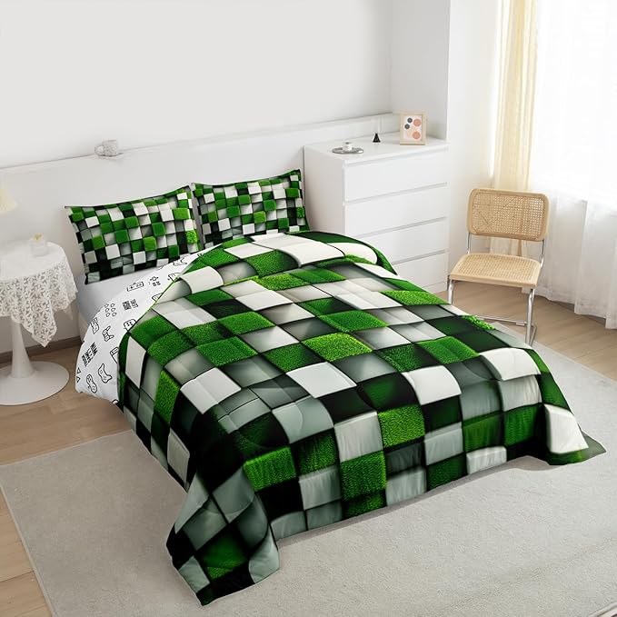 Pixelated Miners Game Comforter Set Full Size,Video Games Cartoon Gamepad Kids Bedding Set,Modern Geometric Check Quilt Comforter,Green White Duvet Insert,2 Pillowcases