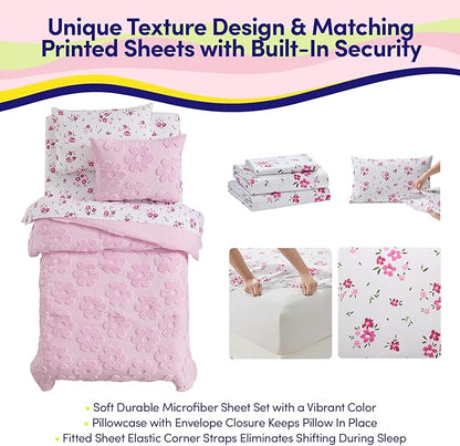 Kids Twin Size Bed in a Bag Tufted Comforter & Sheet Set – Complete Bedding Set with Corner Strap Fitted Sheet, Ultra Soft Lightweight All Season Comforter, Girls Bedroom, Dorm, Guest Room