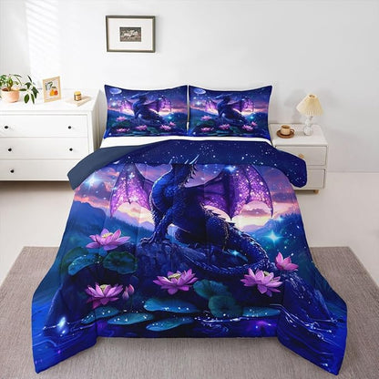 Feelyou Dragon Kids Comforter Set Full Size Dragon Stuff Bedding Set Wild Life Duvet Quilt for Kids Boys Girls Bedroom Magic Wildlife Decor Purplish Microfiber Ultra Soft Breathable