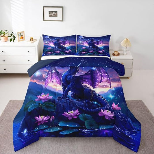 Feelyou Dragon Kids Comforter Set Queen Size Dragon Stuff Bedding Set Wild Life Duvet Quilt for Kids Boys Girls Bedroom Magic Wildlife Decor Purplish Microfiber Ultra Soft Breathable