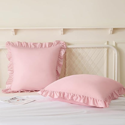 KKJIAF Ruffle Pillow Cases 18x18 Inches, Light Pink Square Ruffled Pillow Covers Set of 2, Microfiber Wrinkle Resistant Pillow Shams with Envelope Closure for Sofa Bed Living Room