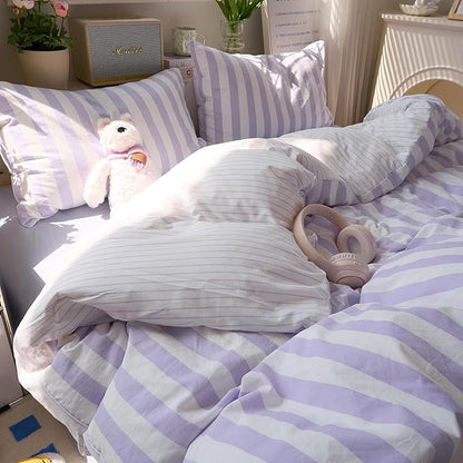 Purple Striped Queen Duvet Covers Vintage Cute Comforter Queen Size Cover Soft Farmhouse Boho Hotel Duvet Cover Set with Hidden Zipper Dorm Room Girls Bedding Washed Microfiber Duvet Protector