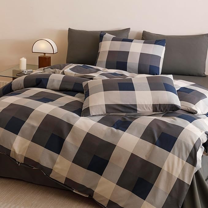 CLOTHKNOW Blue Plaid King Size Comforter Set Gingham Tartan Bedding Comforter Sets Geometric Comforter King Sets with 2 x Pillow Cases