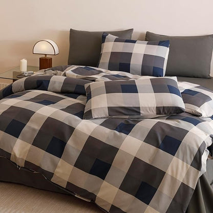 CLOTHKNOW Blue Plaid King Size Comforter Set Gingham Tartan Bedding Comforter Sets Geometric Comforter King Sets with 2 x Pillow Cases