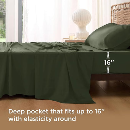 Bedsure Cooling Sheets Twin, Rayon Derived from Bamboo, PureWoven, Breathable & Soft Twin Sheets Set, Deep Pocket Up to 16 Inches, Hotel Luxury Silky Bedding for Hot Sleepers, Olive Green