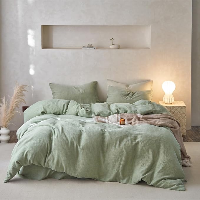 EAVD Solid Color Mint Green Duvet Cover King Soft Breathable 100% Cotton Muslin Linen Like Gauze Bedding Comforter Cover with 2 Pillowcases Modern Simple Mint Green Comforter Cover with Zipper Closure