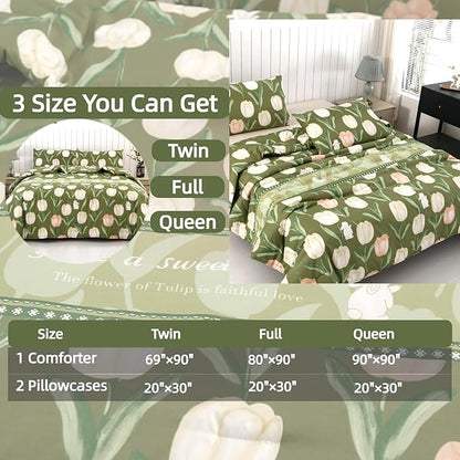 SDIII Rabbit and Green Floral Comforter Set Twin 3 Pieces, Soft Microfiber Green Floral Comforter Twin Size, Botanical Bedding Set All Season