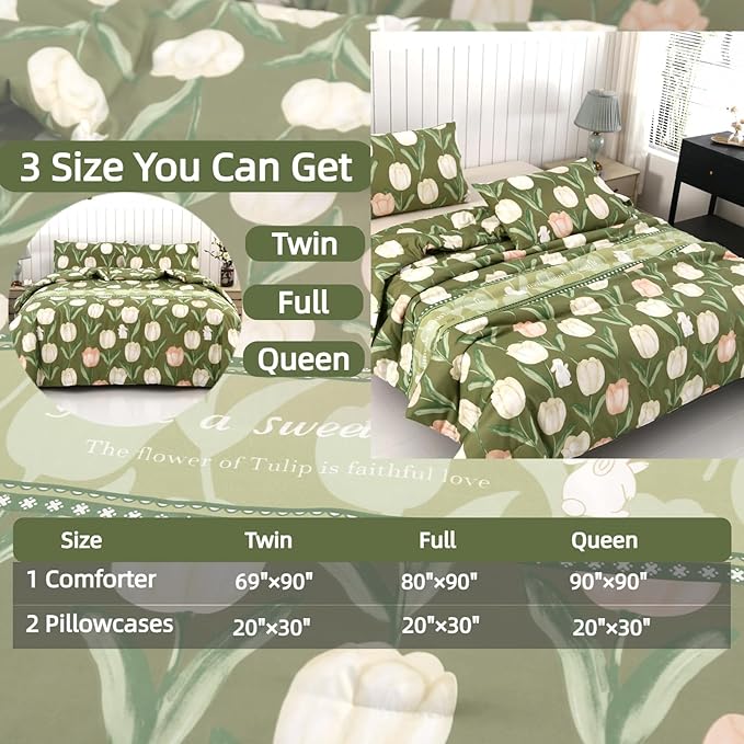SDIII Rabbit and Green Floral Comforter Set Queen 3 Pieces, Soft Microfiber Green Floral Comforter Queen Size, Botanical Bedding Set All Season
