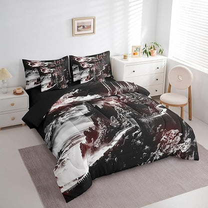 Erosebridal Gothic Dragon Bed in a Bag King Size Comforter Set 7 Pieces,Fantasy Castle Dark Sky Bedding Sets Vintage Mythical Animal Sheet Set with Comforter