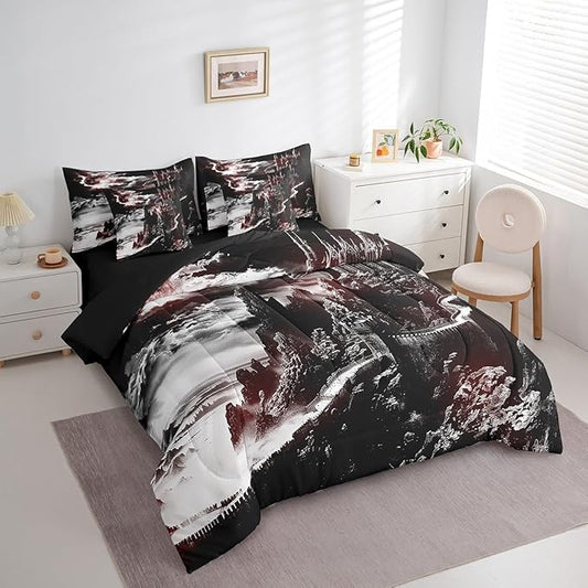 Erosebridal Gothic Dragon 7 Piece Comforter Set Full Bed in a Bag,Fantasy Castle Dark Sky Bedding Sets Vintage Mythical Animal Sheet Set with Comforter