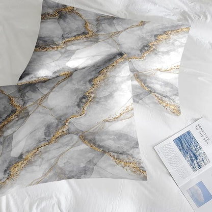Comforter Set Twin Size, Marble Gold Stone 5 Pcs Bedding for Kids and Adults, Gray Vintage Retro Bed Sheet Sets with Fitted Sheet Pillowcase & Sham for Bedroom Bed Decor
