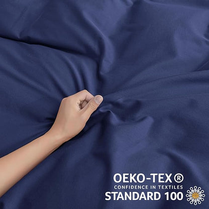 JELLYMONI Cotton Duvet Cover Queen Size - Navy Blue Comforter Cover with Button 100% Washed Cotton 3PCS Breathable Soft Solid Bedding Set Duvet Cover 90×90in & 2 Pillowcases (NO Comforter)