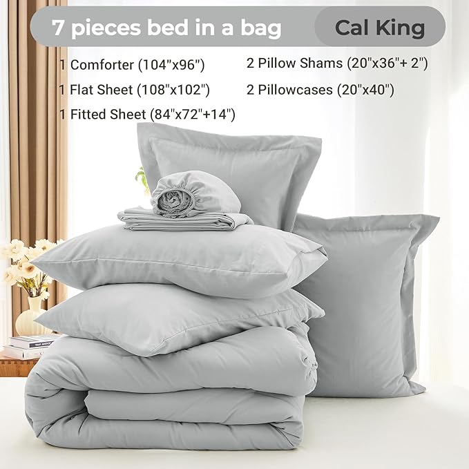 MUXHOMO 7 Pieces California King Comforter Set, Soft Bed in a Bag Cal King Size, All Season Bedding Set with Comforter, Flat Sheet, Fitted Sheet, Pillowcases & Shams, Light Grey