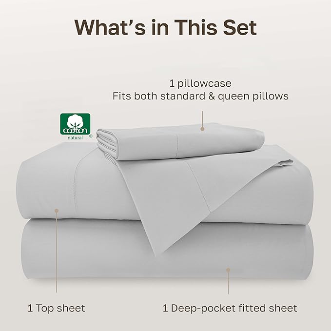 California Design Den - Luxury Twin Bed Sheet, Soft 100% Cotton Sheets Deep Pockets, 500 Thread Count Sateen Bed Sheets, Twin Sheets Set (Light Grey)