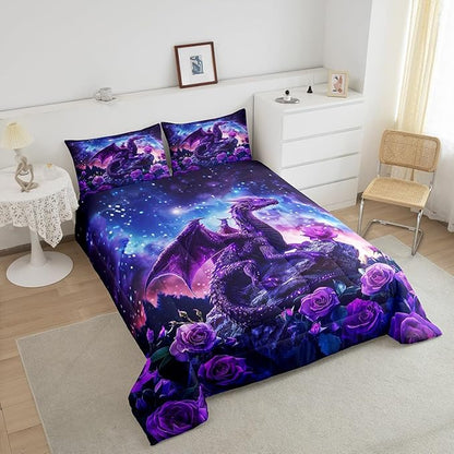 Purple Dragon Comforter Set Queen Size,Blossom Flower Rose Bedding Set for Kids Boys Girls Room Decor,Galaxy Starry Sky Nebula Duvet Insert 3Pcs,Glitter Retro Wild Animal Quilt Set,2 Pillowcases