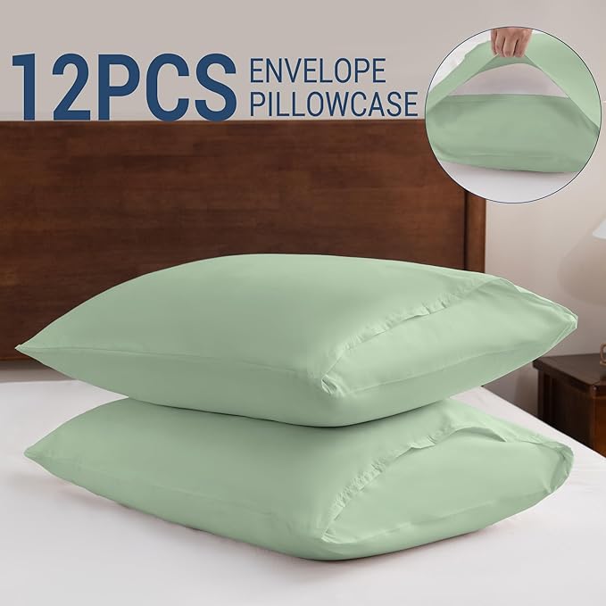 Pillowcases Queen 12 Pack, 20x30 Pillow Cases with Envelope Closure, Soft Plain Brushed Microfiber Covers Breathable Wrinkle-Resistant, Sage Green