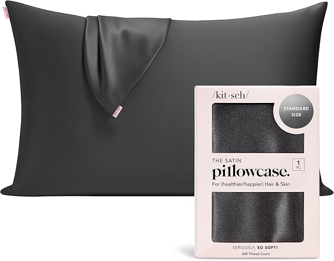 Kitsch Satin Pillowcase with Zipper for Hair & Skin - Softer Than Silk Pillow Cases, Smooth Cooling Satin Pillow Case, Wrinkle-Free, Machine Washable, Pillow Cases Standard Size 19x26 - Charcoal