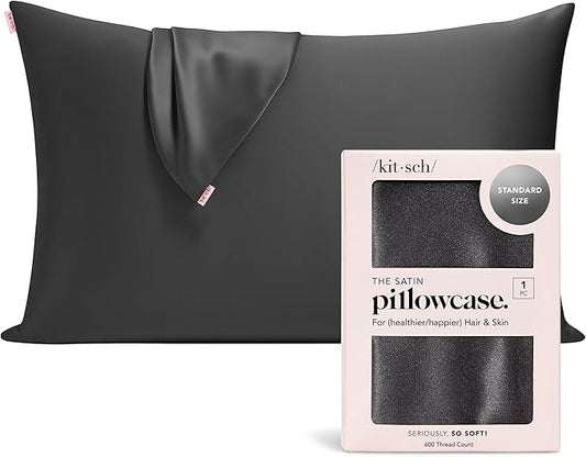 Kitsch Satin Pillowcase with Zipper for Hair & Skin - Softer Than Silk Pillow Cases, Smooth Cooling Satin Pillow Case, Wrinkle-Free, Machine Washable, Pillow Cases Standard Size 19x26 - Charcoal