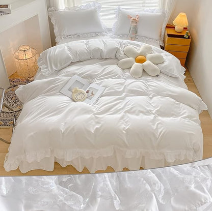 MOOWOO Chic Ruffle Lace Polyester Duvet Cover Set -Girl White Bedding-3 Piece Queen Duvet Cover with Zipper Closure -Ultra Soft and Light Weight (White, Queen)-No Comforter