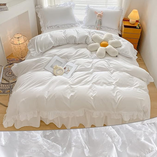 MOOWOO Chic Ruffle Lace Polyester Duvet Cover Set -Girl White Bedding-3 Piece Queen Duvet Cover with Zipper Closure -Ultra Soft and Light Weight (White, Queen)-No Comforter