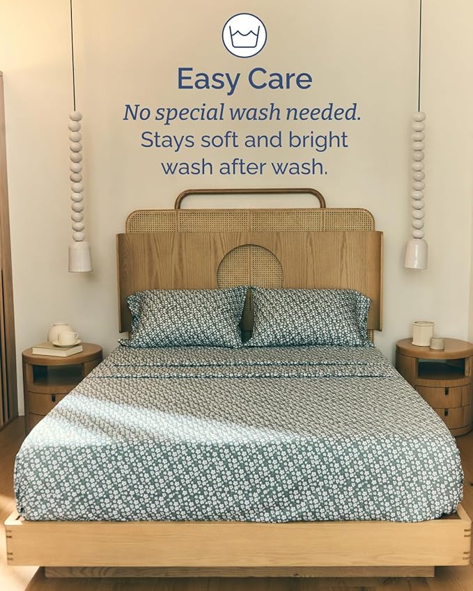 Floral Sheets - Green Floral Bed Sheet Set - 1 Flat, 1 Fitted & 2 Pillowcases w/ Deep Pockets - Comfy, Wrinkle & Fade Free - Boho Botanical Bedding - Ultra-Soft, Breathable & Cooling - Queen Size Set