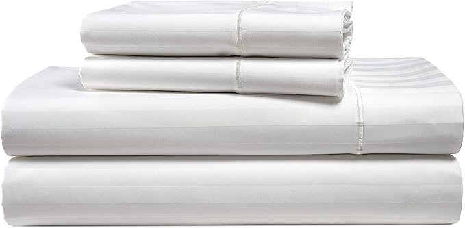 LANE LINEN Striped Sheets Set - 100% Egyptian Cotton 4 Piece Bed for King Size Hotel Bedding & Pillowcases 16" Deep Pocket (Fits Upto 17" Mattress) White