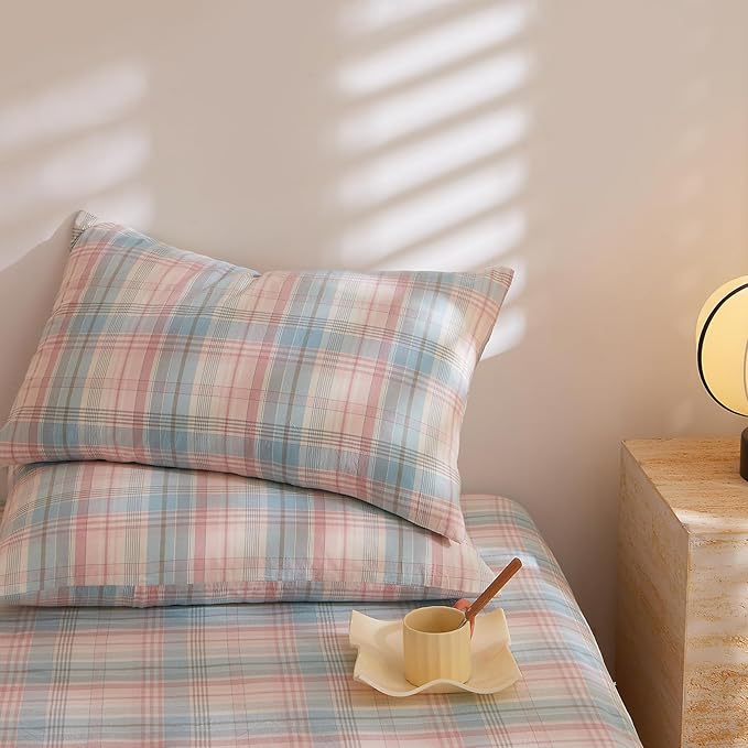EAVD Vintage Style Blue and Pink Gingham Comforter Set Queen Blue Pink Grid Plaid Comforter Set with 2 Pillowcases Reversible Farmhouse Gingham Bedding Set for All-Season