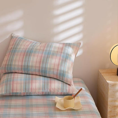 EAVD Vintage Blue Pink Gingham Comforter Set Twin XL Soft Washed Cotton Grid Plaid Comforter Set with 2 Pillowcases Reversible Farmhouse Plaid Bedding Set for All-Season
