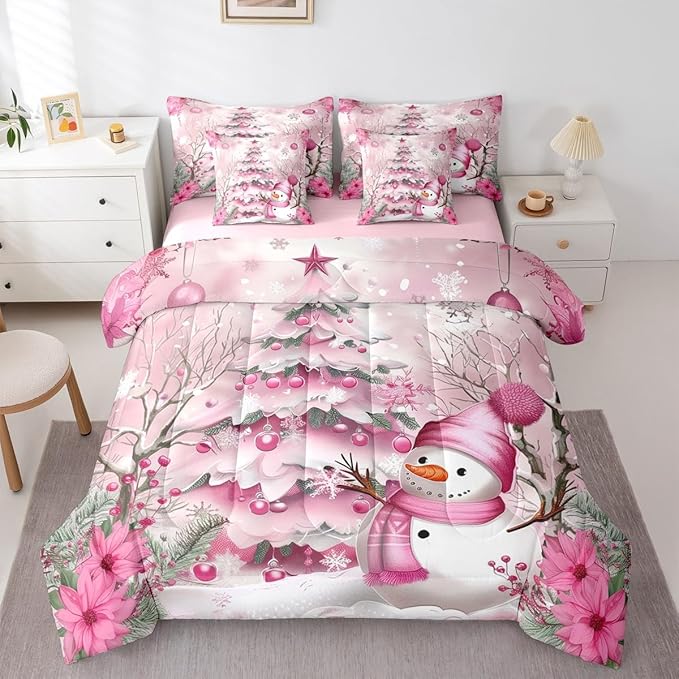 Pink Christmas Tree Comforter Set 7 Pieces,Cute Snowman Winter Bed Set,Xmas Theme Flowers Leaves Bedding Full with 1 Comforter,1 Fitted Sheet,1 Flat Sheet,2 Pillowcases,2 Throw Pillow Cover