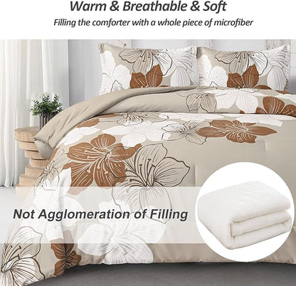 Menghomeus Brown Comforter Set California King Taupe Floral Comforter Cal King Botanical Bedding Sets Soft Microfiber Bed Set for All Season, 3 Pieces (1 Comforter, 2 Pillowcases)