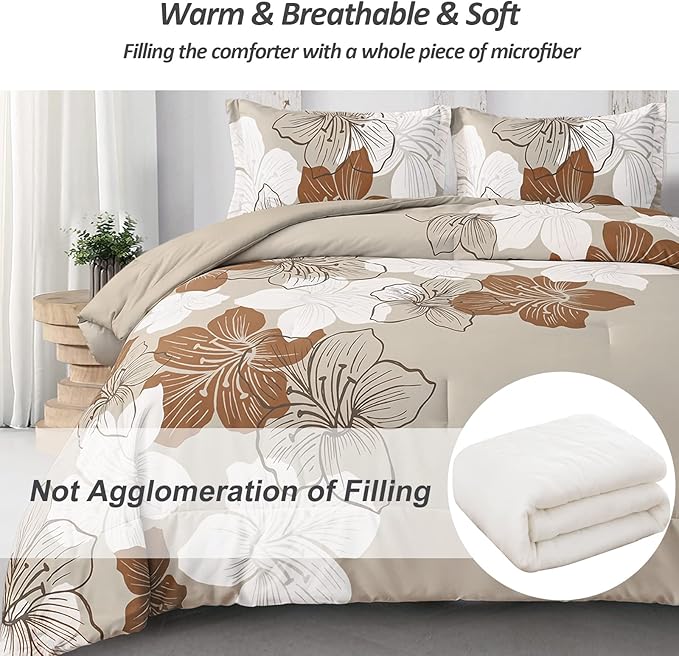 Menghomeus Brown Comforter Set Queen Taupe Floral Comforter Khaki Botanical Bedding Sets, Soft Bed Comforter Set for All Season (1 Comforter, 2 Pillowcases)