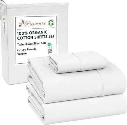 RUVANTI 100% Organic Cotton Sheets Twin XL, Percale Weave, GOTS Certified, 3-Piece Set, Deep Pocket 15", Crisp & Breathable, Soft Durable Bedding, Sábanas Algodón Orgánico – Bit of Blue