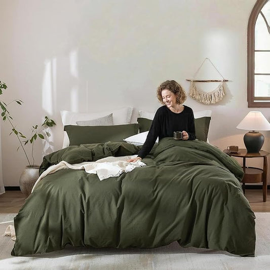 Linen Feel Duvet Cover Oversized King Size 120inch x 98inch,100% Washed Cotton Duvet Cover with Zipper Closure and 2 Pillowcases, Color of Olive Green