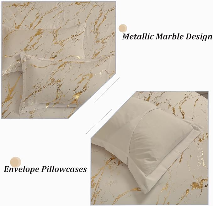 WONGS BEDDING Khaki Gold Metallic Marble Comforter Set Queen Foil Print Glitter Bedding Sets with 2 Pillowcases for All Seasons, Soft Microfiber Filling Bedding Duvet Set 90"x90"