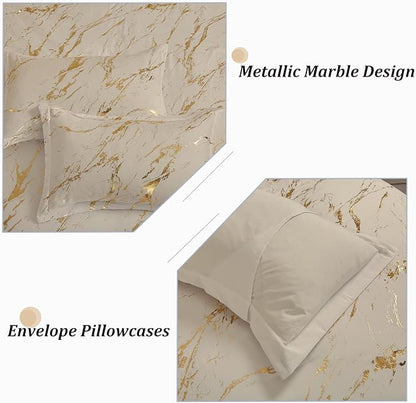 WONGS BEDDING Khaki Gold Metallic Marble Comforter Set Queen Foil Print Glitter Bedding Sets with 2 Pillowcases for All Seasons, Soft Microfiber Filling Bedding Duvet Set 90"x90"