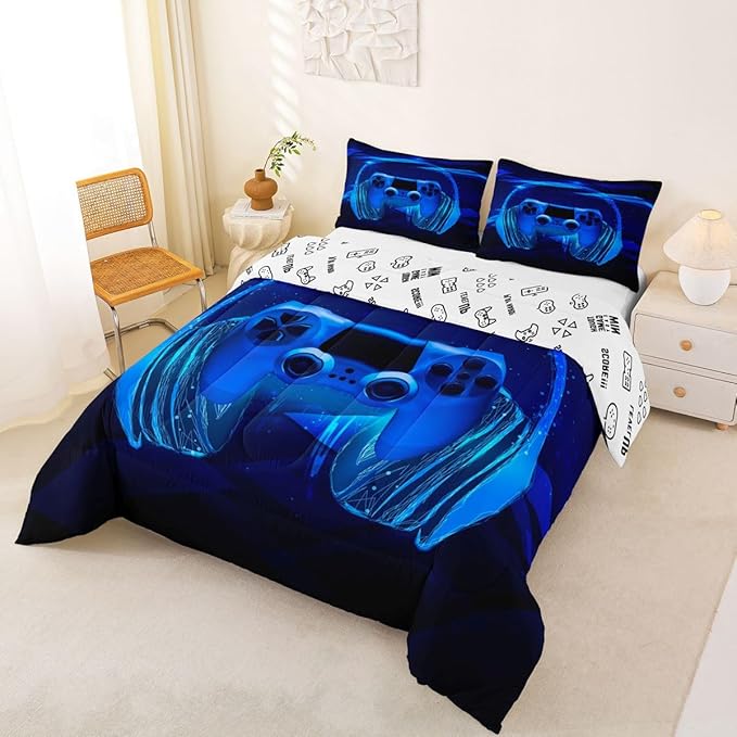 Feelyou Gamer Bedding Set Kids Video Game Gamepad Comforter Set for Boys Teens Gaming Headset Comforter Breathable Blue Game Controller Duvet Set Room Decor Quilt Set Toddler Size