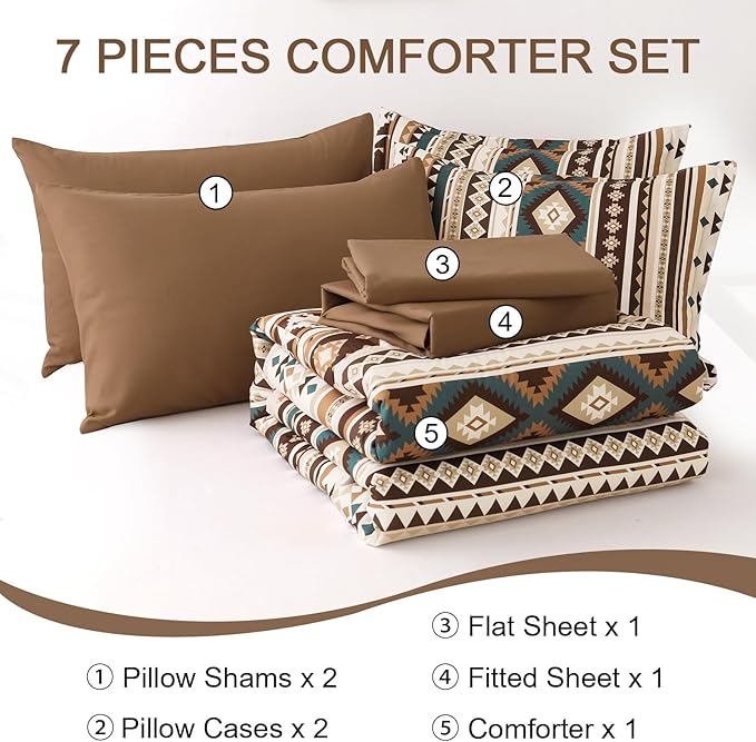Dinjoy Boho King Size Bed in A Bag 7 Pieces,Brown/Coffee Comforter Set Aztec Striped Fall Bedding Set Bohemian Patchwork Complete Set Geometric Pattern Comforters for Women Men 90"×104"