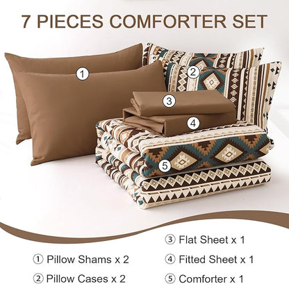 Dinjoy Boho King Size Bed in A Bag 7 Pieces,Brown/Coffee Comforter Set Aztec Striped Fall Bedding Set Bohemian Patchwork Complete Set Geometric Pattern Comforters for Women Men 90"×104"