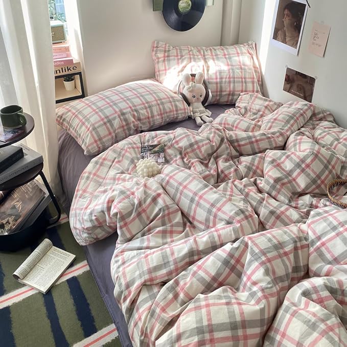 EAVD Vintage Style Plaid Duvet Cover Queen Grey Pink Grid Soft 100% Washed Cotton Reversible Bedding Set Farmhouse Grid Checkered Bedding Set with 2 Pillowcases Modern Gingham Duvet Cover with Zipper