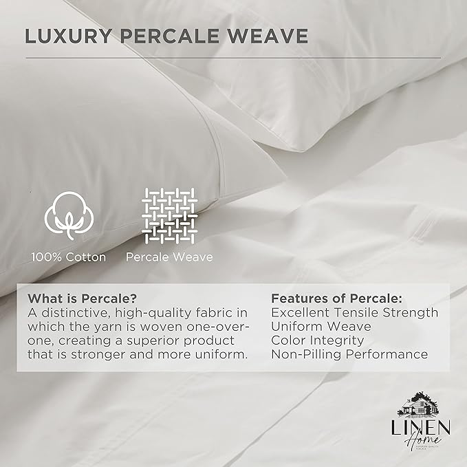 Linen Home 100% Cotton Percale Pillowcases Queen Size, White, 2 Pieces of Pillow Case, Crisp and Cool Strong Bed Linen, 20 inches X 30 inches
