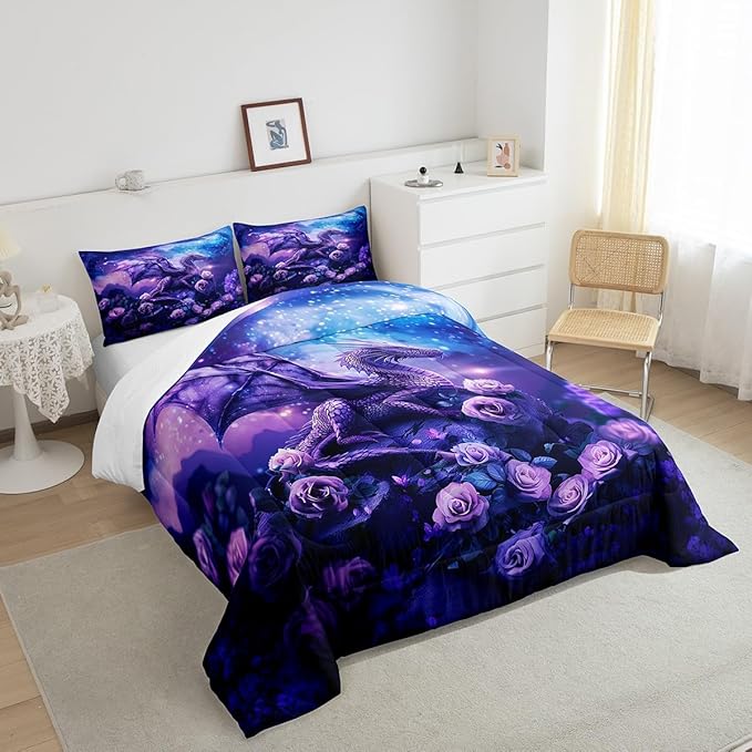Dragon Comforter Set King Size,Purple Nebula Galaxy Bedding Set for Kids Boys Girls Room Decor,Starry Sky Rose Flower Duvet Insert 3Pcs,Western Magical Dragon Microfiber Quilt Set,2 Pillowcases