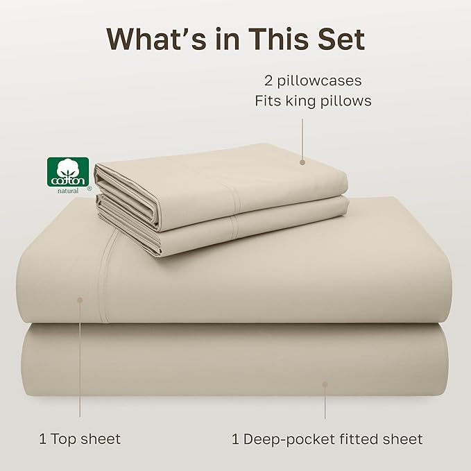 California Design Den Cal King Sheet Set - 600 Thread Count Sateen, 100% Cotton Bed Sheets, Deep Pockets, Soft and Durable Bedding Set - Beige