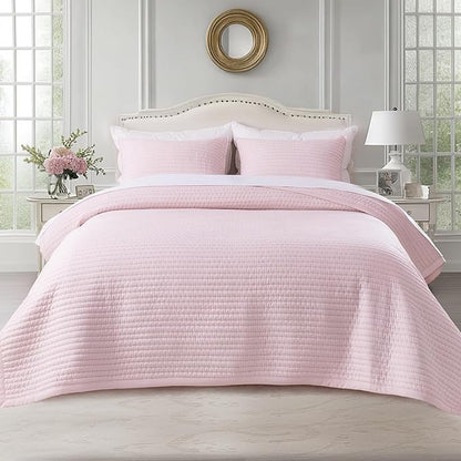 KASENTEX Queen XL Quilt Set 98"x98" – Soft Washed 3-Layer Lightweight Bedspread, Minimalist Nordic Design, All-Season Spring & Summer Quilt Set (1 Quilt + 2 Pillow Shams), Pink