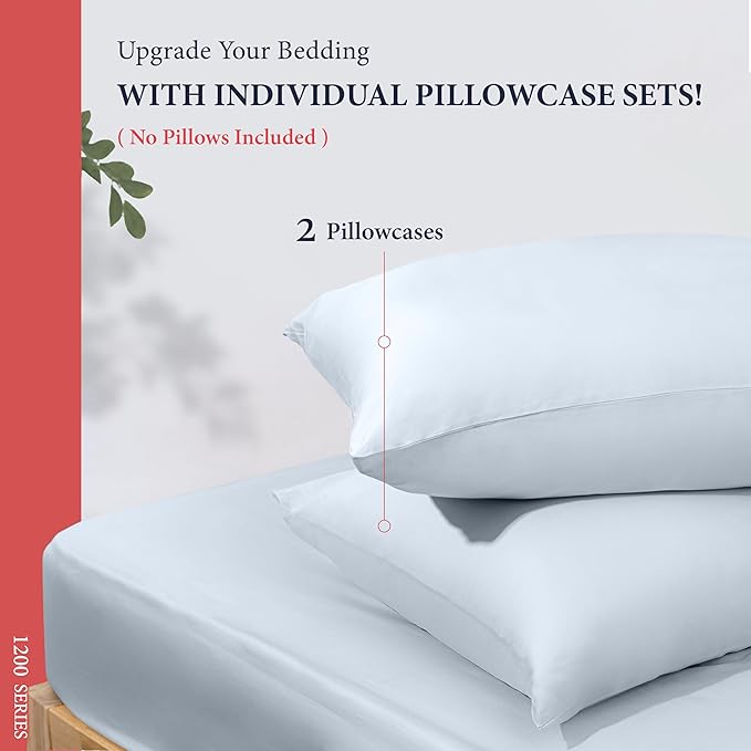 Ashton Sheets 100% Egyptian Cotton Pillow Cases King Size Set of 2 - Luxury 1200 Thread Count Sateen Light Blue Pillow Covers, Soft & Breathable Extra Long Staple Pillowcases, Fits King Size Pillows